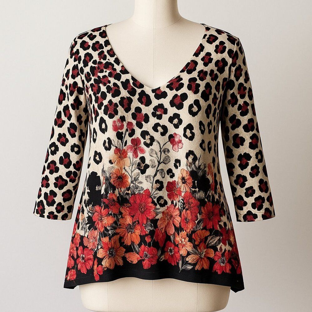 Thomas & Olivia Size 2x Animal Print 90s Y2K Vibes Shirt Blouse Floral - Picture 1 of 6
